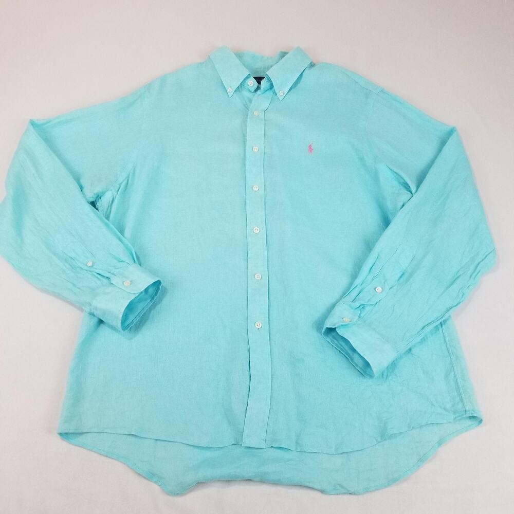 Ralph Lauren Shirt Mens XL Blue 100% Linen Aqua Blue Pink Pony Outdoor Beach - Picture 9 of 9